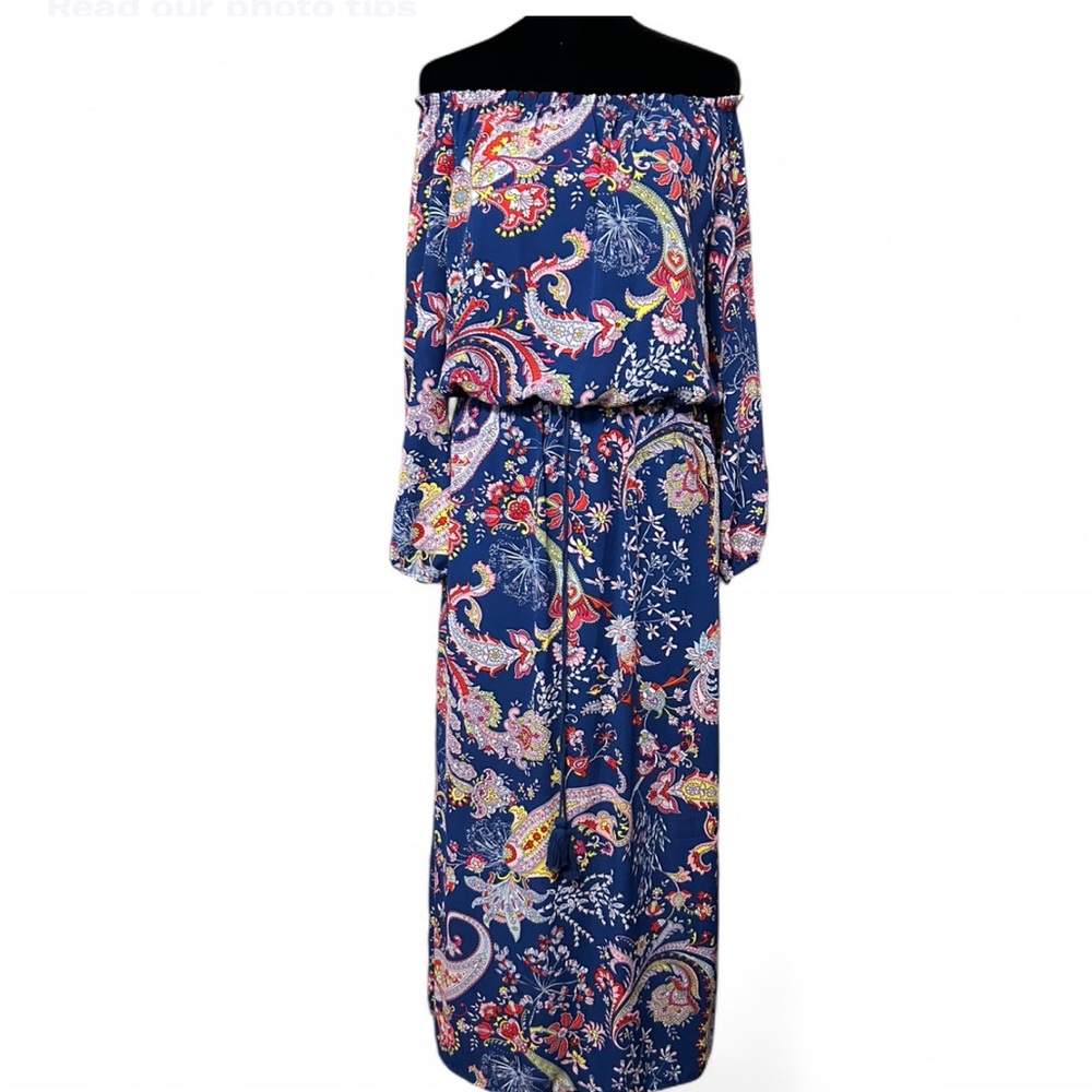 BISOU BISOU Pasley Blue Maxi Dress Long Sleeves Off The Shoulder Size2 NWOT